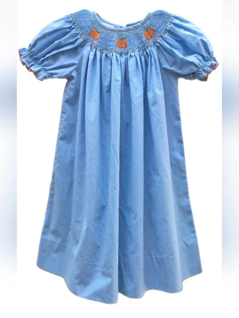 PETITE BEBE Girls Toddler Baby Hand Smocked Embroidered Pumpkin Gingham Dress